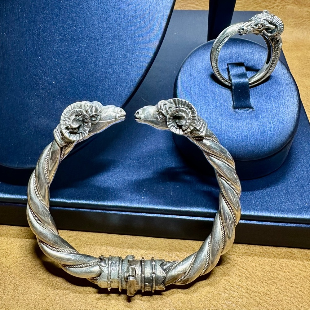 Set Vintage 925 Sterling Silver Warrior Aries Rams Head Bracelet & Ring Lot#36